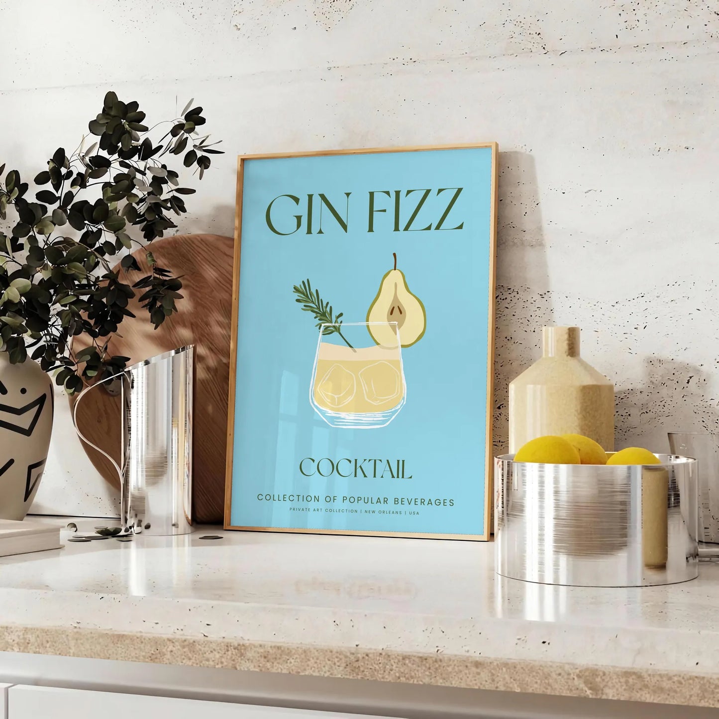 space stunning Gin Fizz Cocktail Art Poster vibrant green gray tones captivating wall perfect kitchen bar ideal gift lovers versatile sizes A4 cm A0