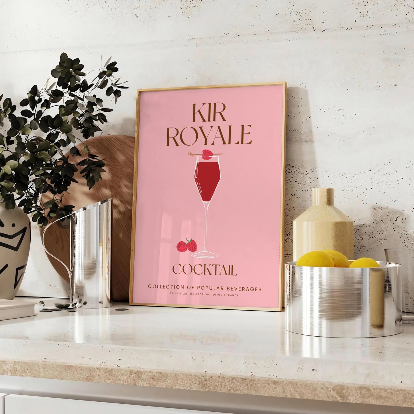 space elegant Kir Royale cocktail art poster sophisticated blend gray purple tones unique wall piece thoughtful gift enthusiasts unframed version exquisite artwork