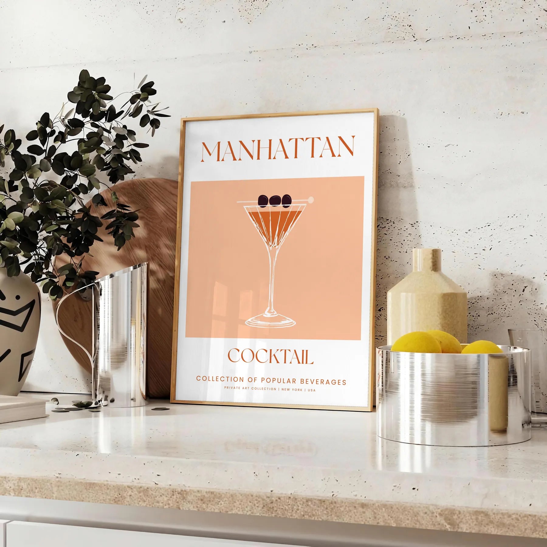 space stunning Manhattan Cocktail Poster sleek black vibrant orange hues gift wall art print touch sophistication setting framed ready options lovers enthusiasts
